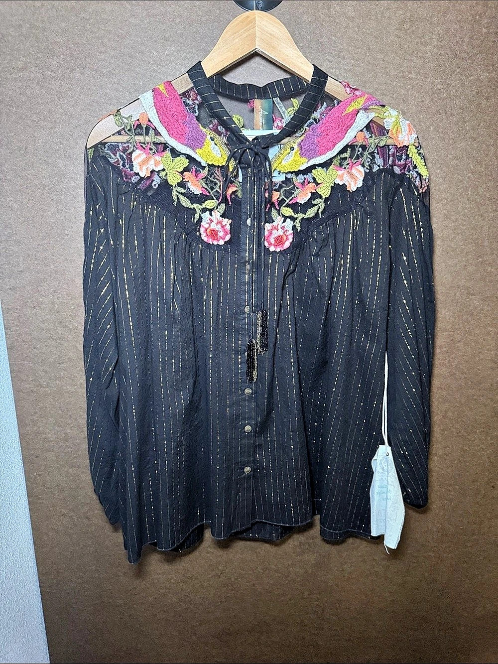 Aratta Embroidered Floral Blouse in Black & Pink Like New